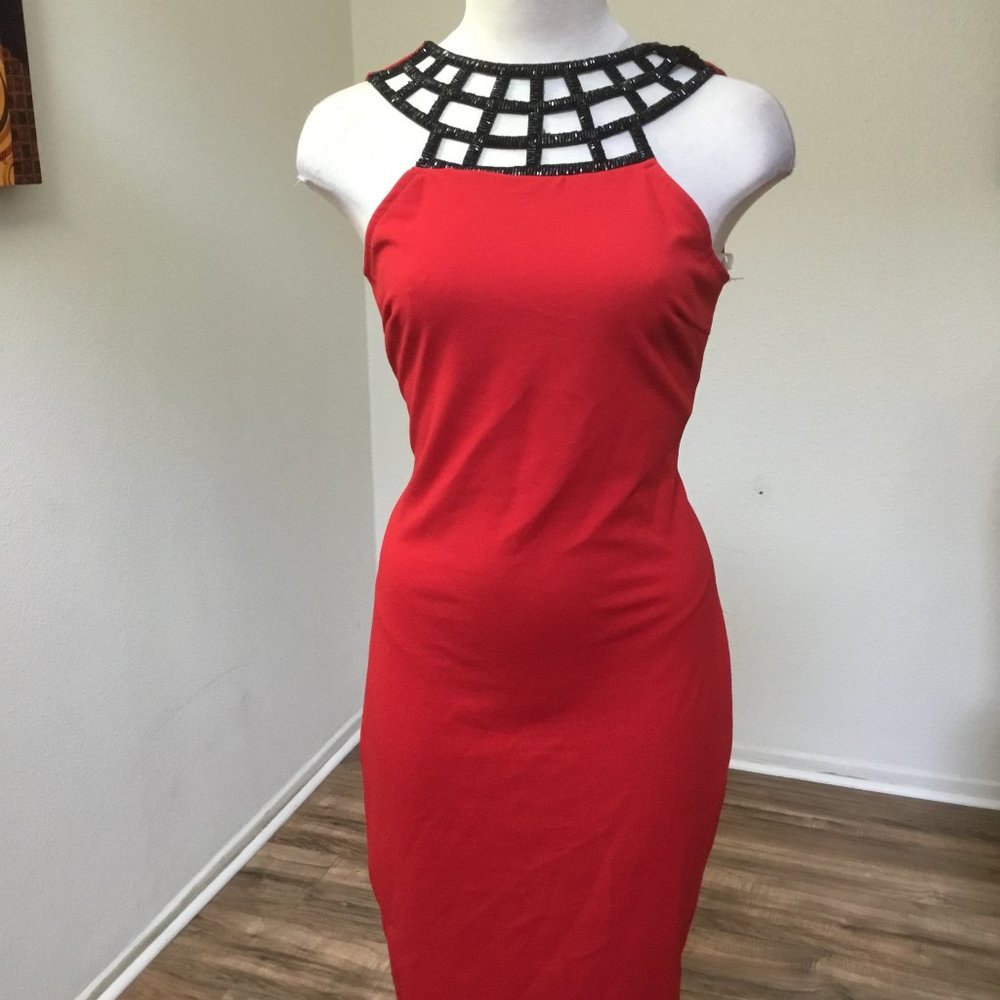 IPONA Pencil Short Dress Necklace Backless Sleeveless Cocktail Party Red M